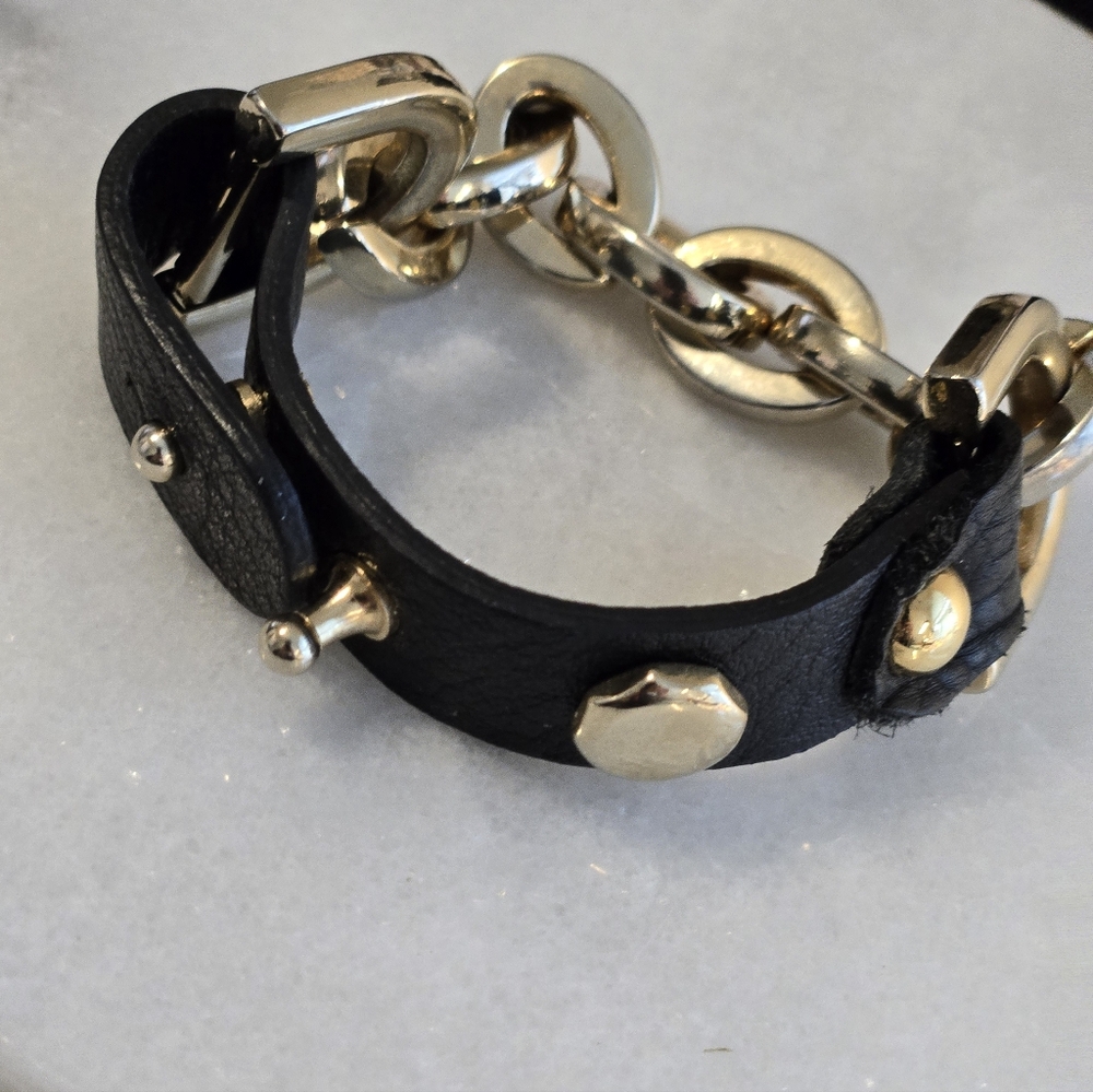 Gold and Black Leather Link Bracelet 7"